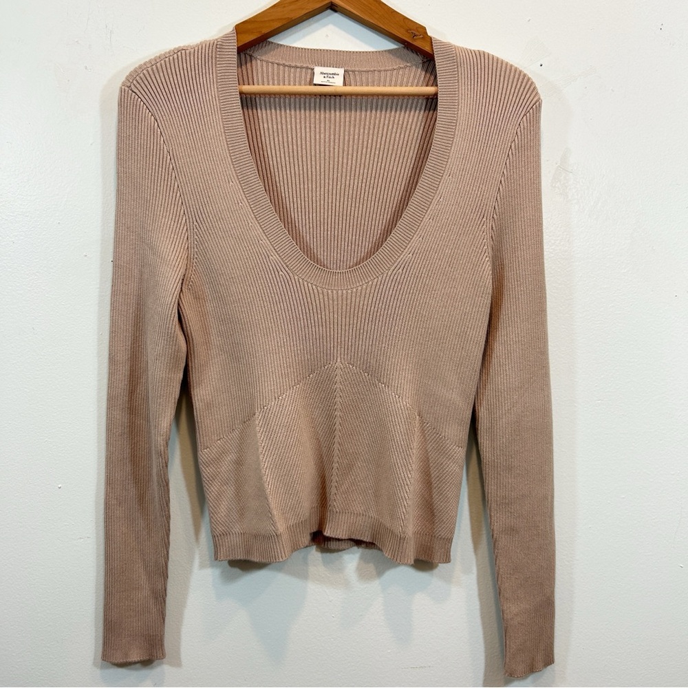 Abercrombie & Fitch Women's Tan Ribbed Long Sleeve Sweater XL Low V Neck Y2K